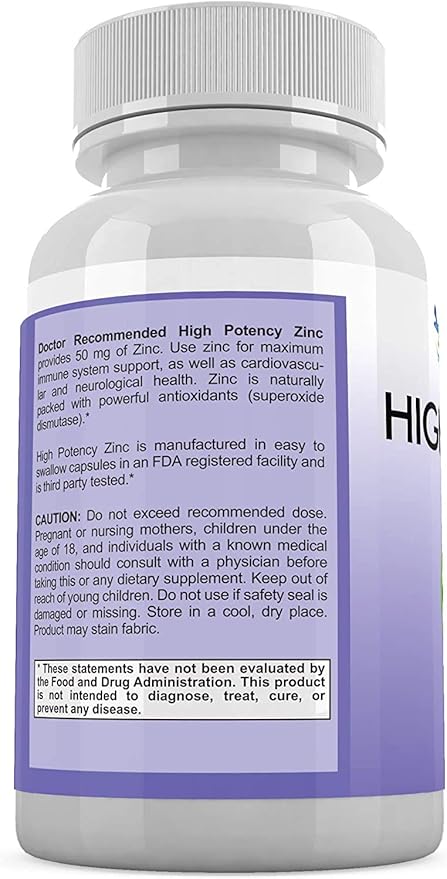 Zinc 50mg - Zinc Picolinate Immune Health Support Supplement 120 Veggie Capsules for Adults and Kids Vitamin, Well-Absorbed High Potency Pure Zinc Supplements - 50mg Per Serving