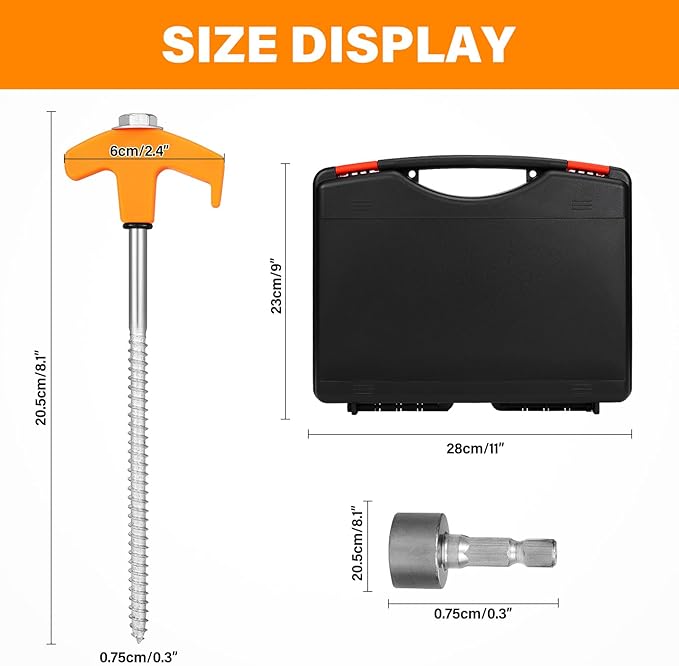 18 Tent Stakes Heavy Duty Metal Tent Stakes Screw in Camping Stakes with Luminous Head Ground Anchor Pegs Threaded Tent Spikes with Hex Head Driver and Storage Box, Orange