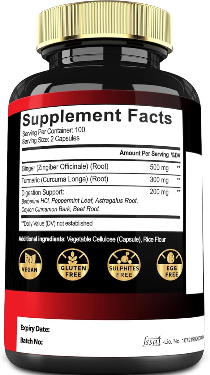 7-in-1 Ginger Root Supplement with Turmeric Curcumin, Berberine, Peppermint Leaf, Astragalus Root, Ceylon Cinnamon, Beet Root - 200 Capsules