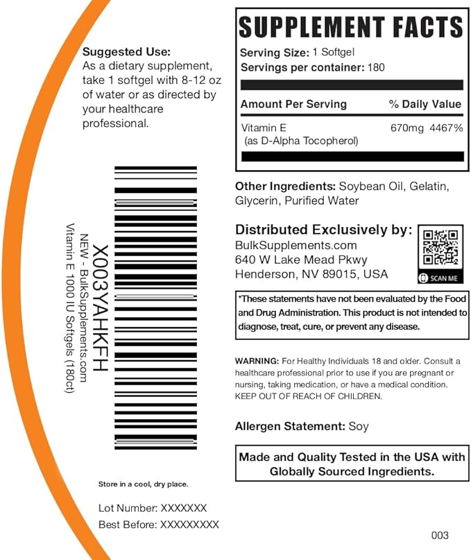 BulkSupplements.com Vitamin E 1000 IU Softgels - Vitamin E Supplement, Essential Antioxidant Support - Gluten Free, 1 Softgel per Serving, 180 Count (Pack of 1)