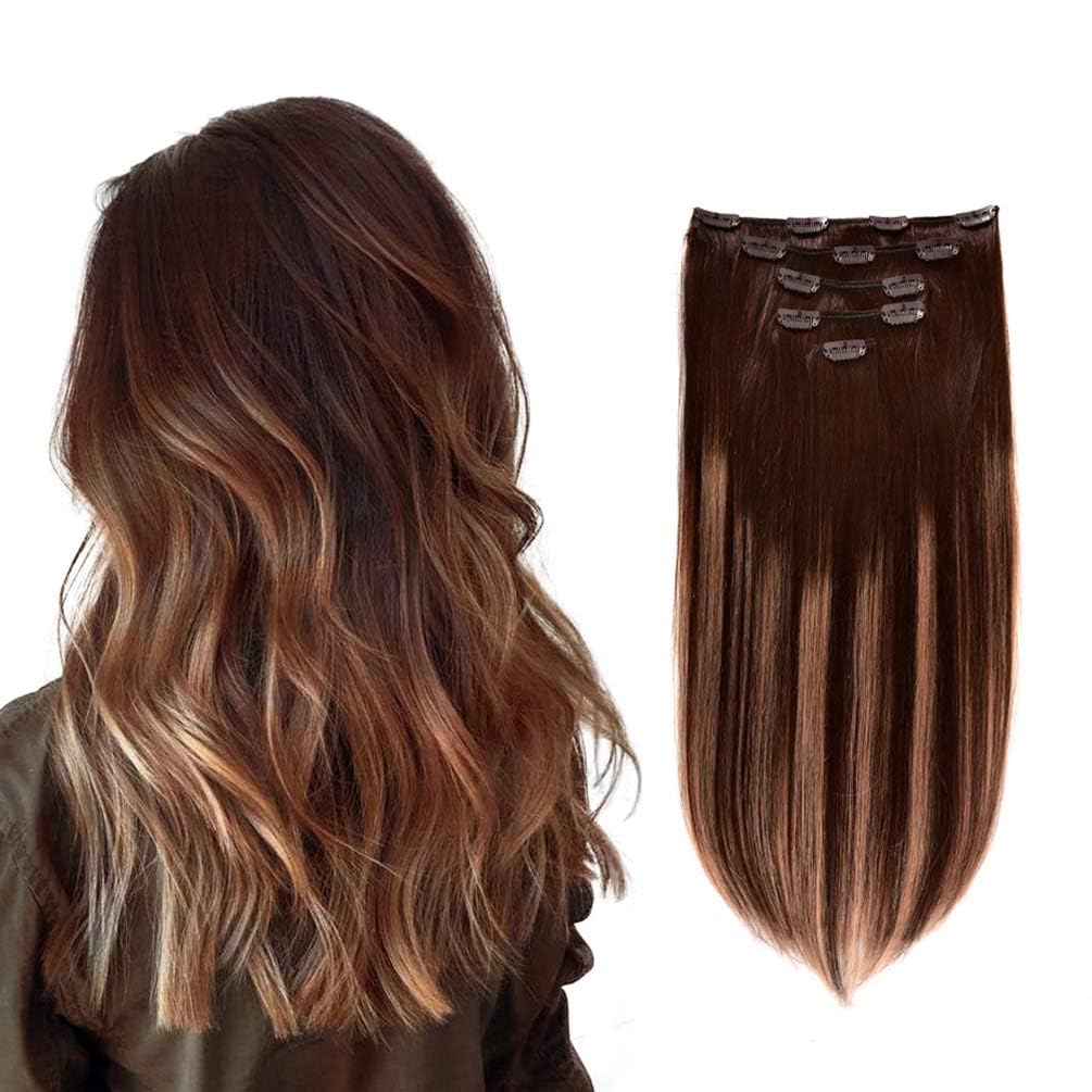 5 Pieces 22'' Remy Clip In Hair Extensions Human Hair Chocolate Brown To Honey Blonde Highlight Brown Ombre - Silky Straight Sho