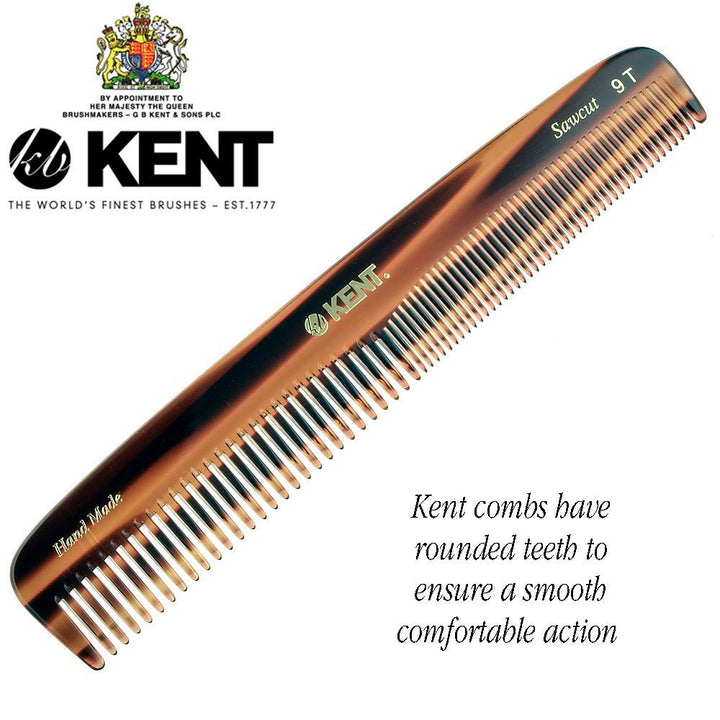 Kent 9T Double Tooth Dressing Table Comb, Tortoise Fine and Wide Tooth Coarse/Fine Dresser Comb for Hair, Beard, Mustache Styling, Grooming - For Men, Women, and Kids, Made in England