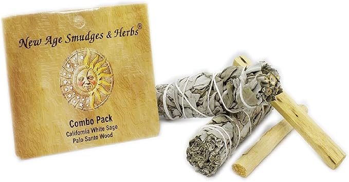 New Age Smudges and Herbs Smudge Kit - 2 California White Sage Smudge Stick for Cleansing (Salvia Apiana) with 2 Palo Santo Incense Sticks (Holy Wood) - Sage Bundles …