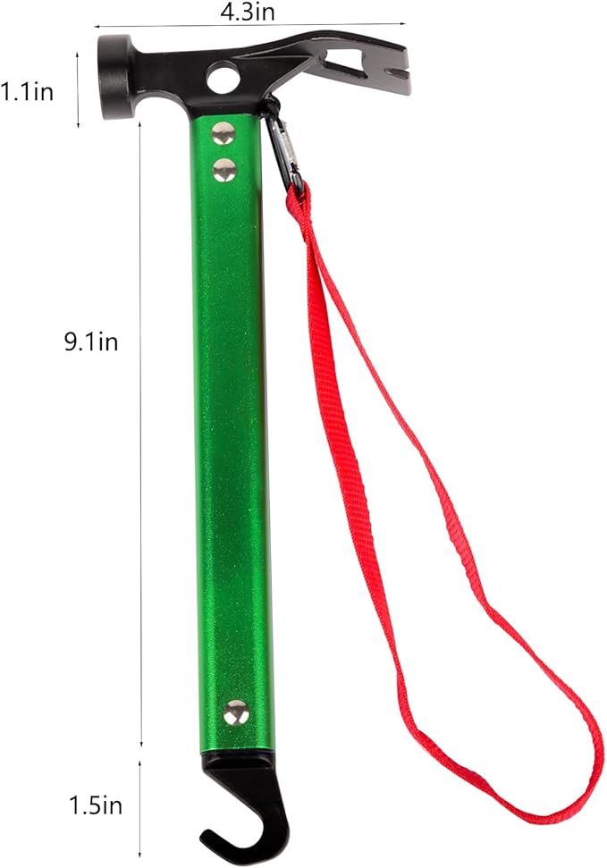 Carbon Steel Aluminum Camping Hammer, 12" Small Lightweight Three-in-One Functional Tent Stake Hammer for Hiking Kit Green