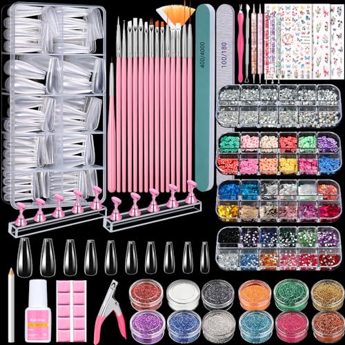 Acrylic Fake Nails Kit Press On Nail Kit with Clear Coffin Nail Tips Nail Display Stand Sequins Sticker Rhinestones Decorations Nail Art Brushes Fine Glitter DIY Nail Art Tool and Supplies