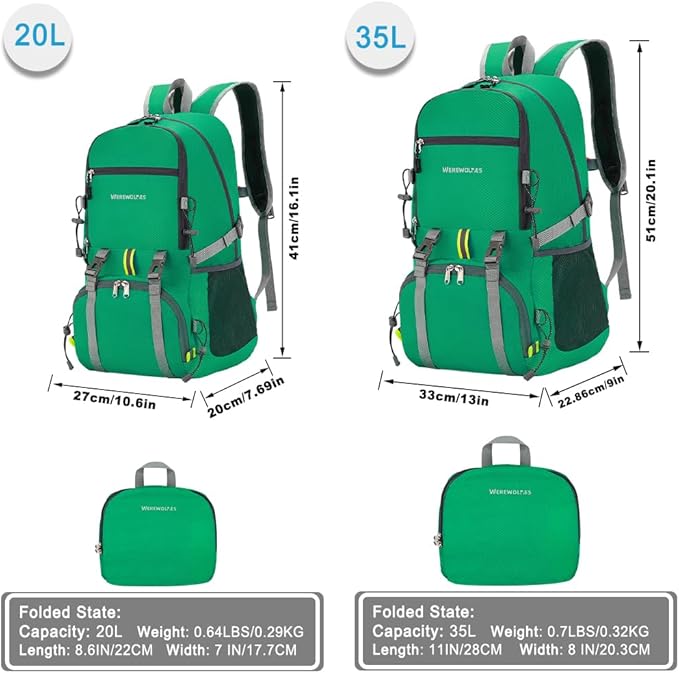 WEREWOLVES 20/35L Lightweight Hiking Backpack, Ultralight Water Resistant Packable Daypack for Women Men