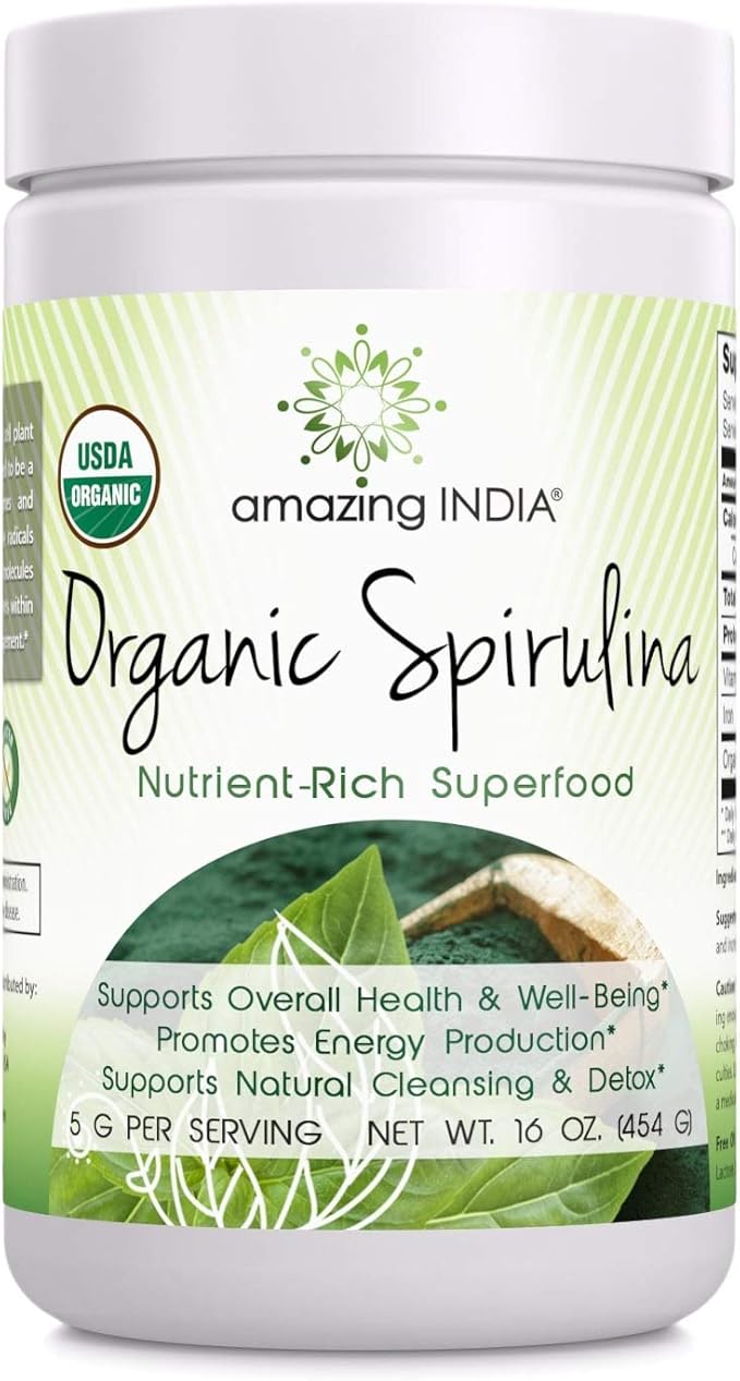 Amazing India Organic Spirulina Powder (Non-GMO) 16 oz (454 gm) - Supports Cell Regeneration, Immune Health, Detoxification & Overall Health*