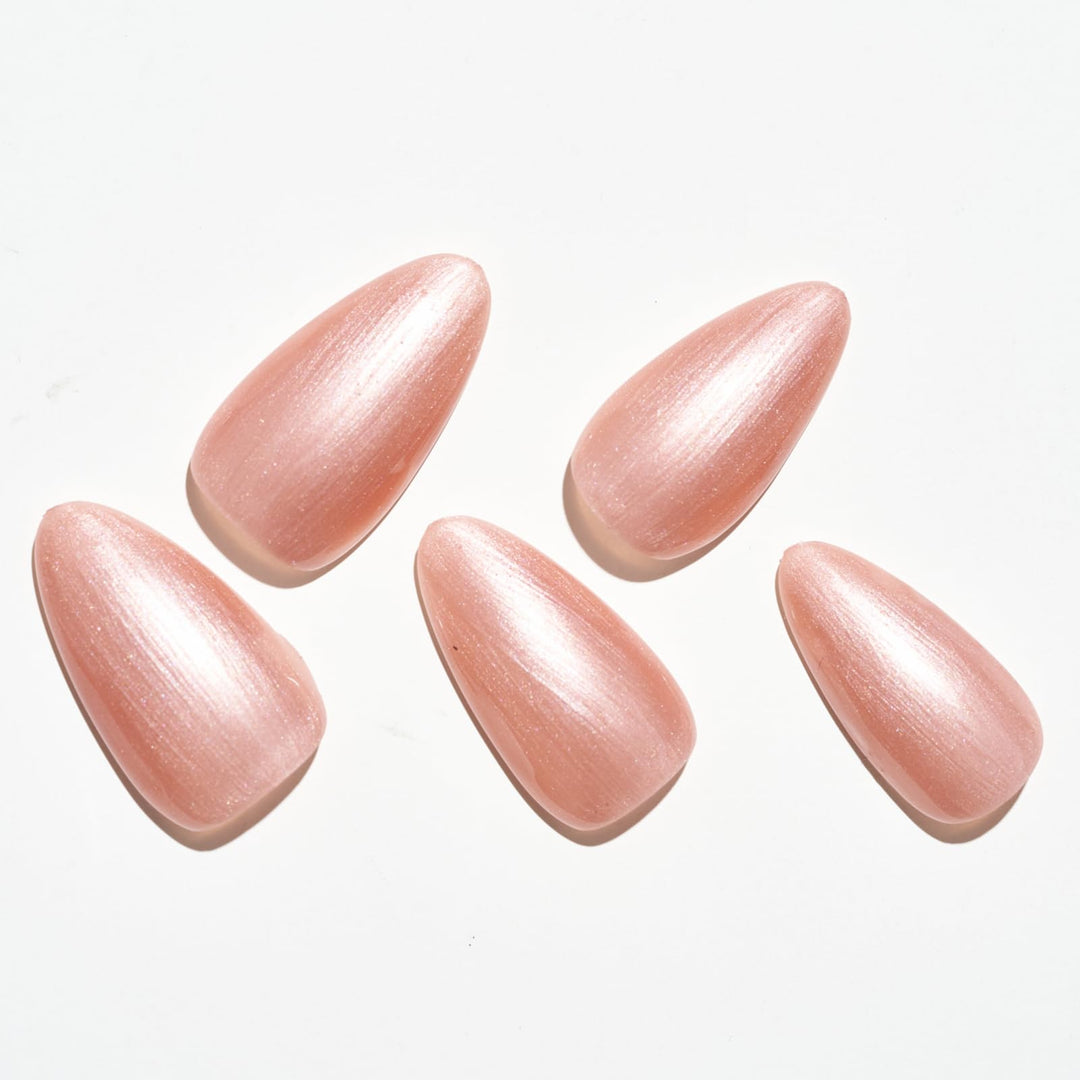 GLAMERMAID Metal Pink Press on Nails Medium Almond, Pearl Pink Glazed Glitter Jelly Soft Gel Fake Nails Stiletto, Glossy Glue on Nails Short Oval, Reusable Acrylic Stick on False Nails Kit for Women