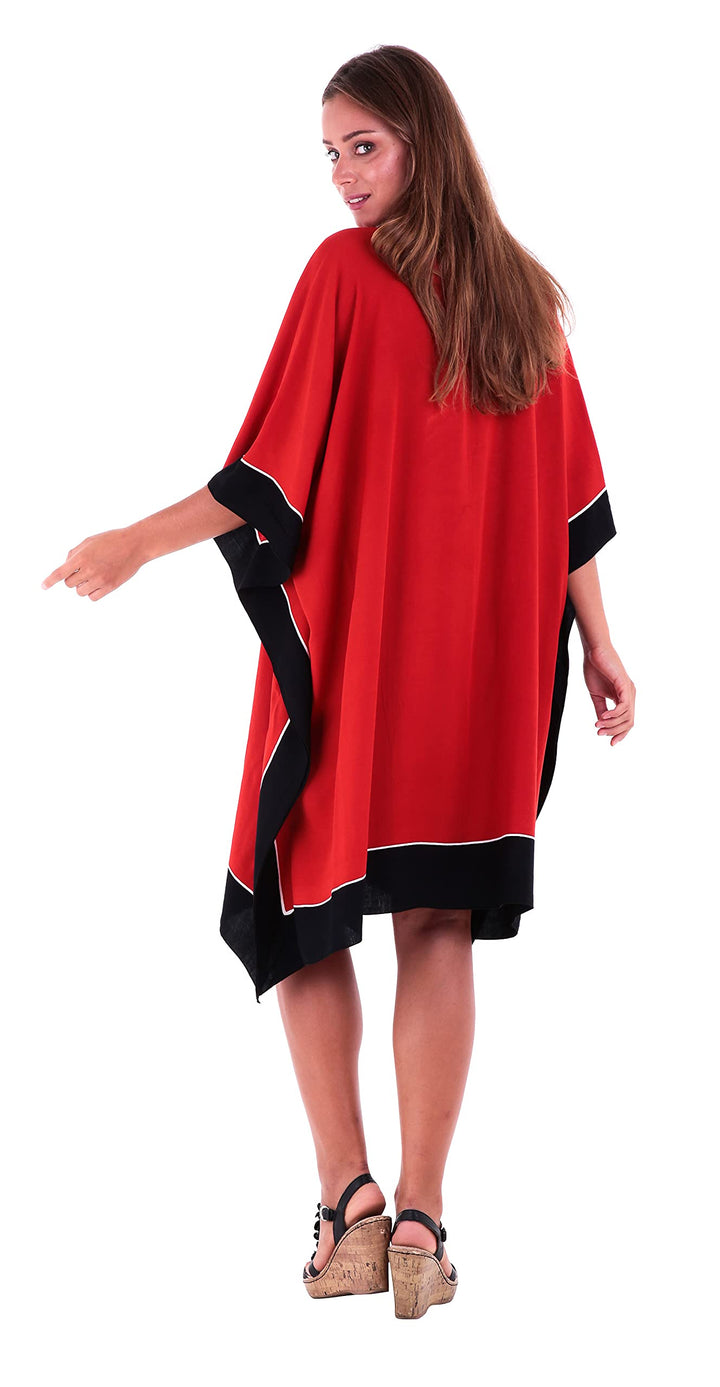 SHU-SHI Womens Short Caftan Poncho Tribal Tunic Swimwear Cover Up Red