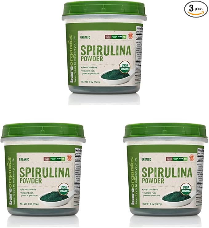 BareOrganics 13132 USDA Organic Raw Spirulina Powder, Whole Food Supplement, Gluten-Free & Non-GMO, 8 Ounce (Pack of 3)
