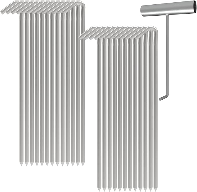 9 Inch Galvanized Tent Stakes Metal Tent Pegs with T Hook, Heavy Duty Steel Yard Camping Stakes Tarp Hooks Inflatables Outdoor Decorations, 25 Pack