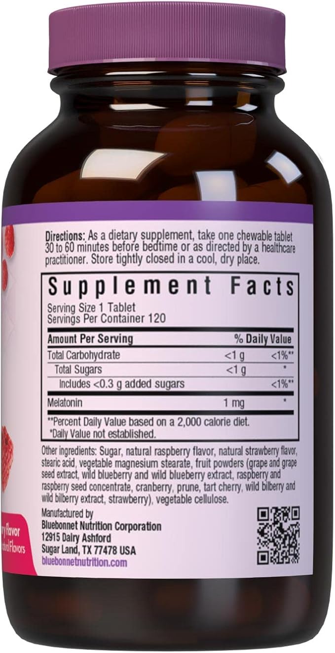 Bluebonnet Nutrition EarthSweet Melatonin 1 mg Fast-Acting Quick Dissolve Nighttime Relaxation & Restful Sleep Support - Sleep Aid - Gluten-Free, Vegan - Raspberry Flavor - 120 Chewable Tablets