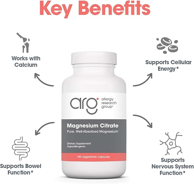 Allergy Research Group Magnesium Citrate Dietary Supplement - Bone & Stress Support, Well-Absorbed, Hypoallergenic, Vegetarian Capsules, Gluten Free - 180 Count