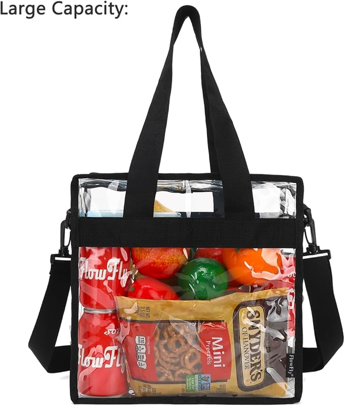 Flowfly Clear Bag Stadium Approved, Clear Beach Lunch Bag for Work Sports Festival - 2 Handles, Adjustable Strap, Zipper Closure, Clear