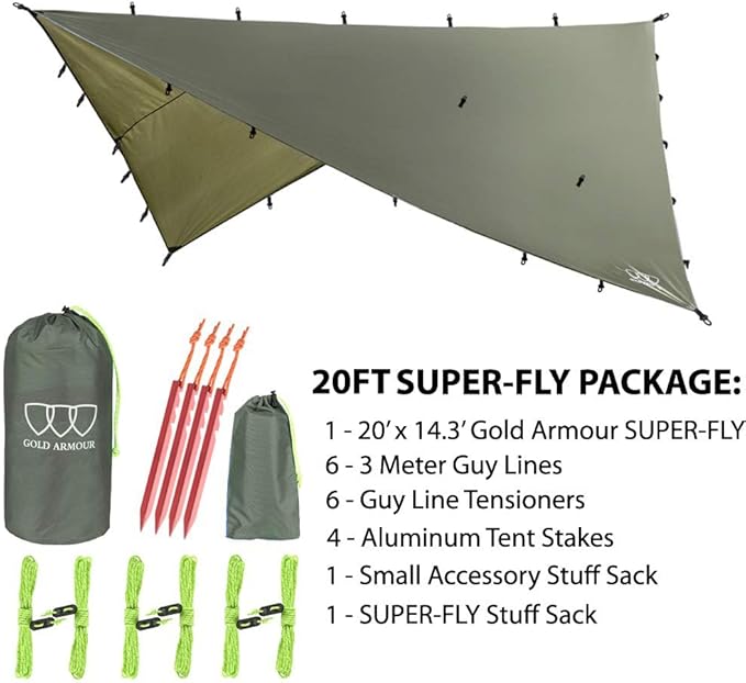 Gold Armour Rainfly Tarp Hammock, Premium 20ft x 14.3ft Rain Fly Cover, Waterproof Ultralight Camping Shelter Canopy, Must Have Camping Accessories Camping Essential (OD Green)