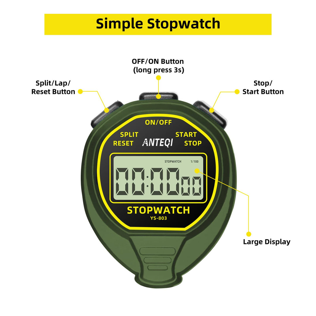 ANTEQI Waterproof Stopwatch, Large Display Simple Silent Stop Watch Timer with ON/Off Function No Clock No Calendar No Alarm Basic Operation for Sports Coaches Swimming Running Training, Green