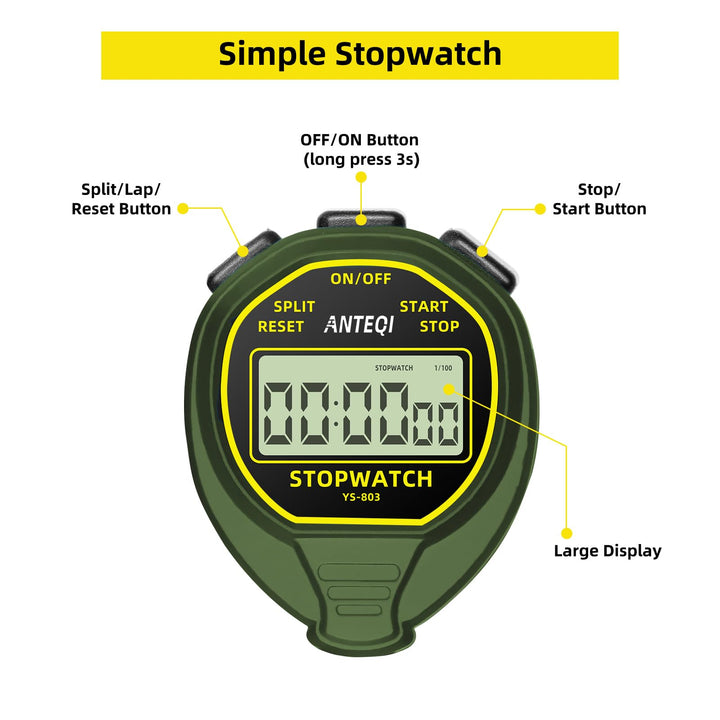 ANTEQI Waterproof Stopwatch, Large Display Simple Silent Stop Watch Timer with ON/Off Function No Clock No Calendar No Alarm Basic Operation for Sports Coaches Swimming Running Training, Green