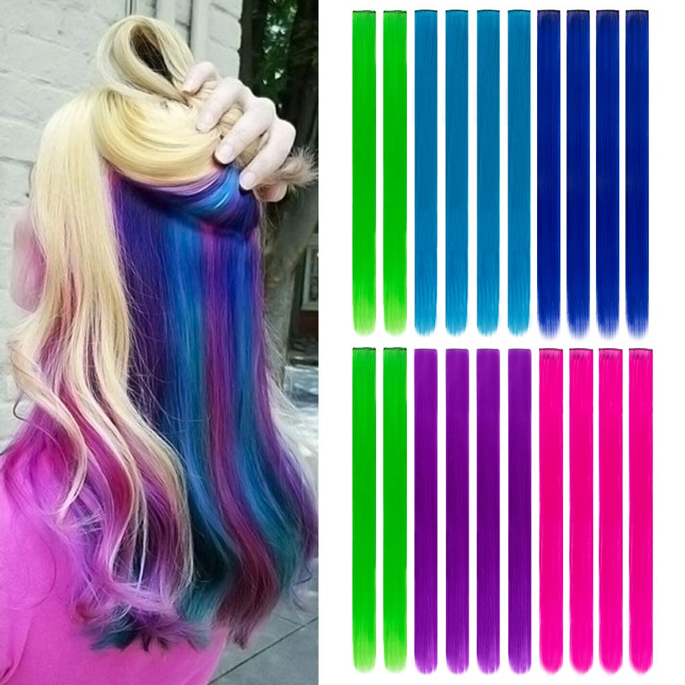 20 Pieces Party Highlights Clip In Colored Hair Extensions Colorful Hair Extensions 20 Inches Straight Synthetic Hairpieces(Blue