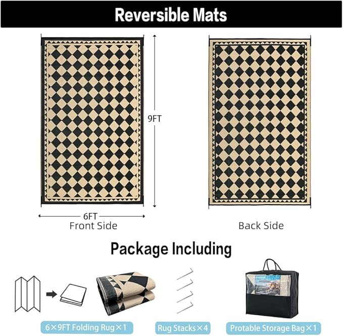 Outdoor Rug for Patios Clearance,Waterproof Mat,Large Outside Carpet,Reversible Plastic Straw Camping Rugs,Rv,Porch,Deck,Camper,Balcony,Backyard (6x9,Checkered/Black&Beige)