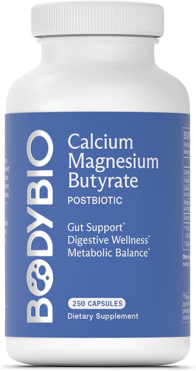 BodyBio Butyrate Supplement - Postbiotic for Gut Microbiome Health, Digestion and Regulation Support - Butyric Acid with Calcium Magnesium - 100 Capsules