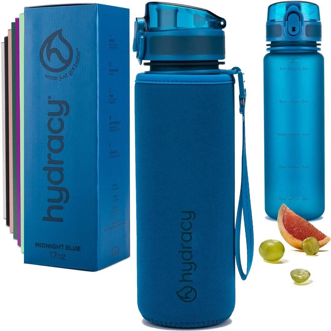 Hydracy Water Bottle with Time Marker - 500 ml 17 oz BPA Free Water Bottle -Leak Proof & No Sweat Gym Bottle with Fruit Infuser Strainer -Ideal Gift for Fitness, Sports & Outdoors -Midnight Blue