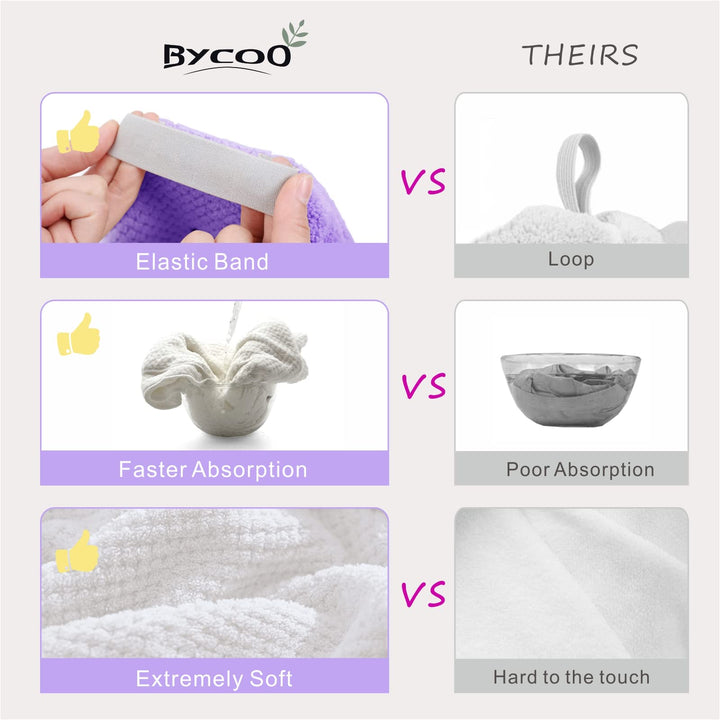 BYCOO 2 Pack Large Microfiber Hair Towel Wrap for Women, Anti Frizz Hair Drying Towel, Fast Dry Hair Turban for Wet Hair, Long, Thick, Curly Hair, Super Absorbent Soft Hair Towels (Purple & White)
