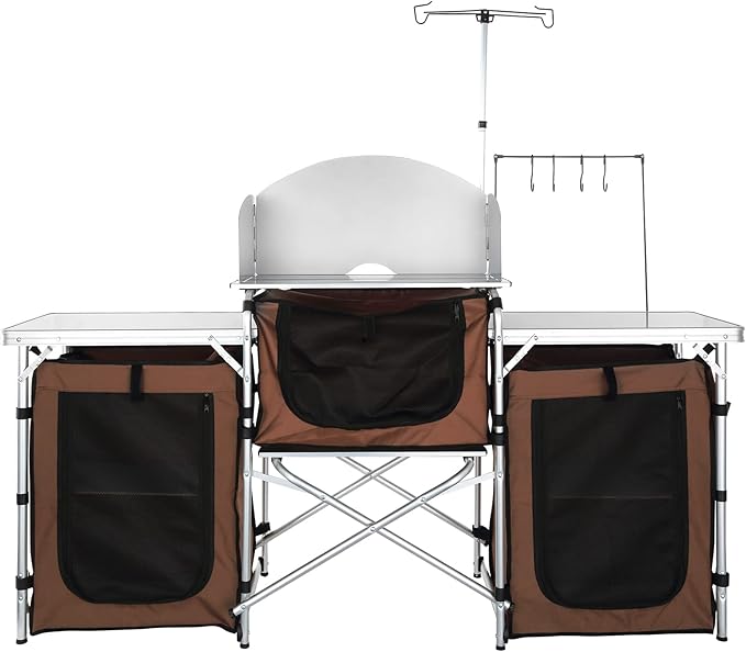VEVOR Camping Kitchen Table, Folding Outdoor Cooking Table with Storage Carrying Bag, Aluminum Cook Station 3 Cupboard & Detachable Windscreen, Quick Set-up for Picnics, BBQ, RV Traveling, Brown