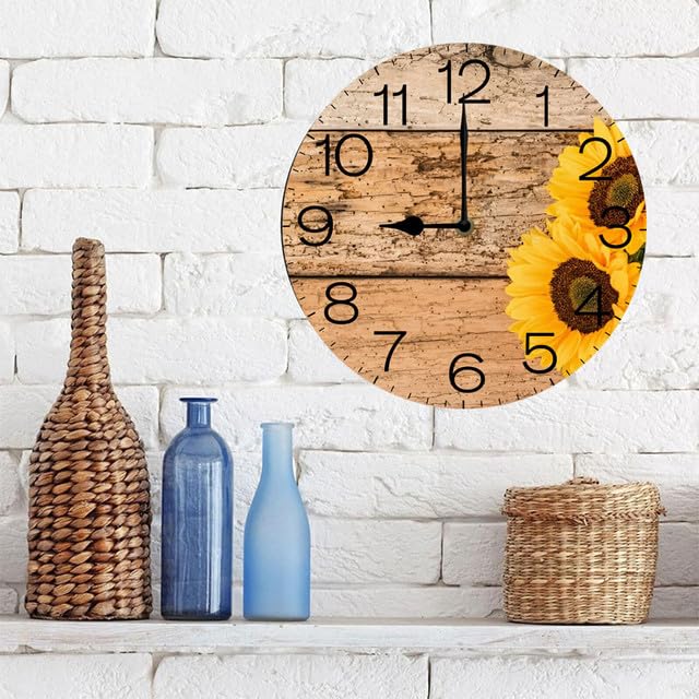 Geroclonup Sunflower Wooden Silent Non Ticking Clock 25cm, Round Wall Clock,Decorative for Living Room, Kitchen, Home,Bathroom, Bedroom, Office or School, Decor on Wood