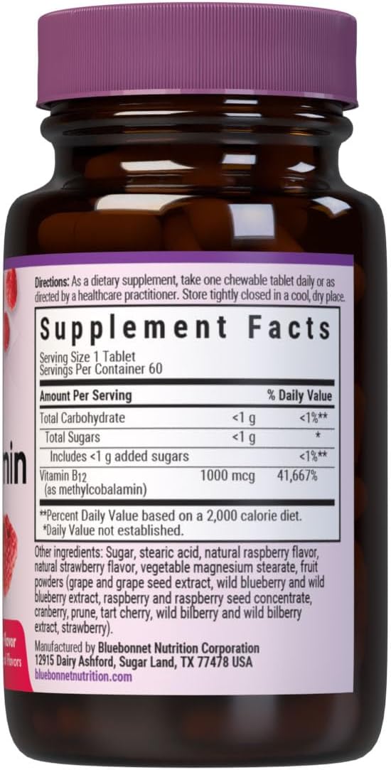 Bluebonnet EarthSweet Methylcobalamin 1,000 mcg Active Coenzyme Form of Vitamin B12 Supports Energy Boost & Metabolism - Vegan, Gluten-Free - Raspberry Flavor - 60 Chewable Tablets