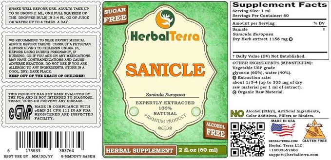 Herbal Terra Sanicle (Sanicula Europaea) Glycerite, Dried Herb Alcohol-Free Liquid Extract 2 oz