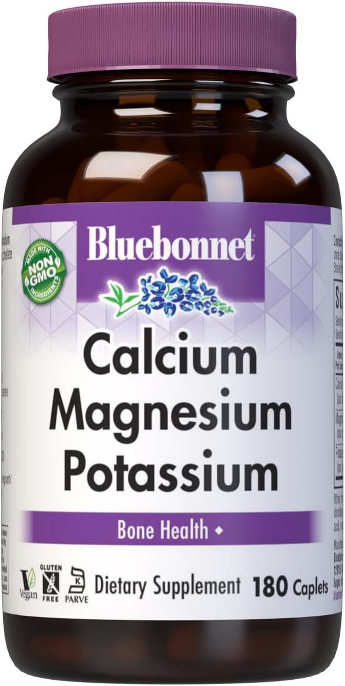 Bluebonnet Calcium Magnesium Potassium Supplement for Women & Men - Supports Healthy Bones - Calcium 1000mg Mineral Supplement Chelate Form - Non-GMO, Vegan, Gluten-Free - 180 Caplets