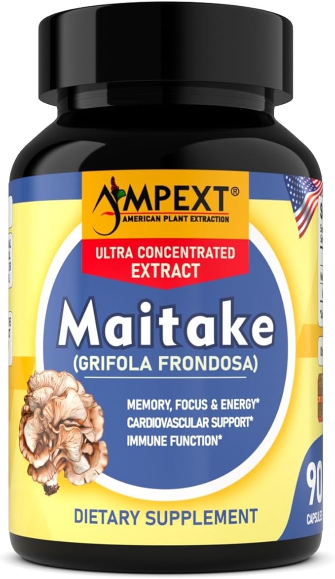 Maitake Mushroom Extract - Premium Quality, Only Fruiting Bodies, Source of Beta-Glucans, Heart & Cardiovascular Welness, Vitality & Resilience, Memory Booster, Immune Support, 90 Veg Caps.