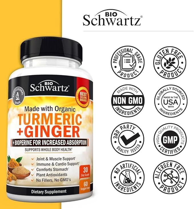 Organic Turmeric Curcumin and Ginger Supplement (1 Month Supply) Plus 65 Billion CFU Daily Probiotic Supplement (1 Month Supply)