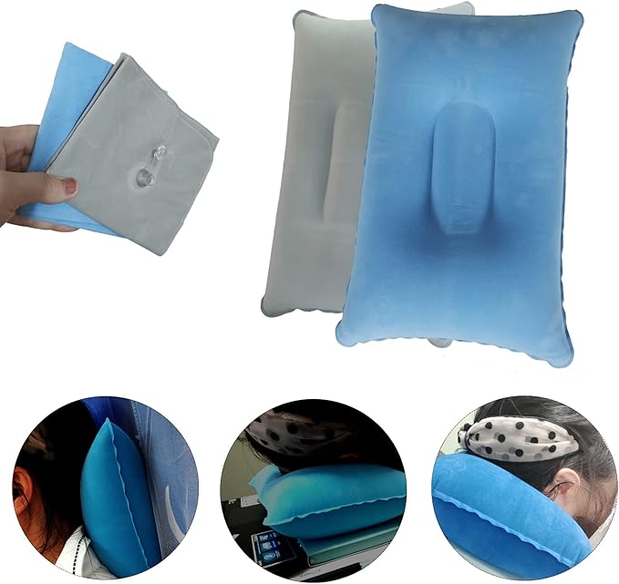 2 Pack Squared Flocked Fabric Air Pillow,Ultralight Inflatable Pillow for Hiking,Outdoor Sport,Camping,Traveling,Neck/Lumbar Support (Grey Light-Blue)