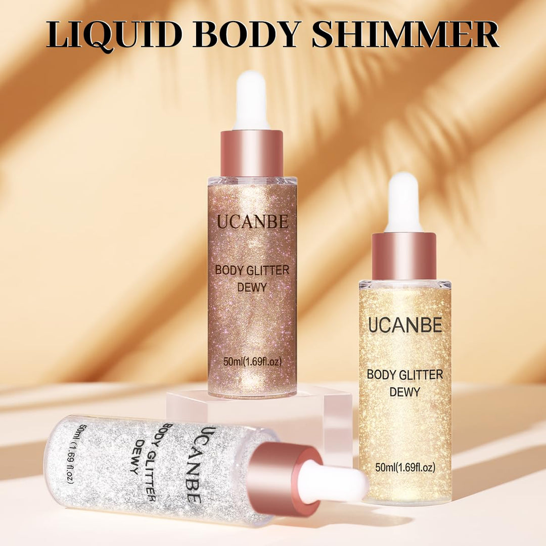 UCANBE Hydrating Body Shimmer Face Glitter Highlighter Makeup Liquid Glow Lotion for Women Holographic Luminizer for Hair for Valentine's Day Gifts (Champagne Gold - 01)