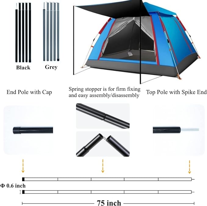 Adjustable Tent Poles Steel Rods for Tarp Canopy Camping Replacement Set of 2 (Grey)