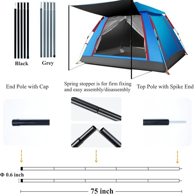 Adjustable Tent Poles Steel Rods for Tarp Canopy Camping Replacement Set of 2 (Black)