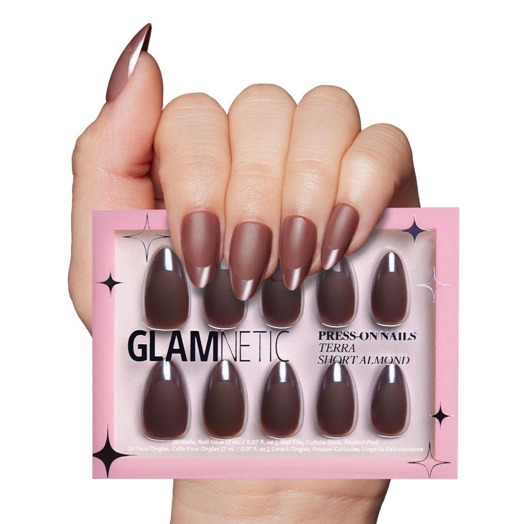 Glamnetic Press On Nails - Terra | Short Almond Dark Brown Nails With Glossy French Tips In A Matte Finish | 15 Sizes - 30 Nail