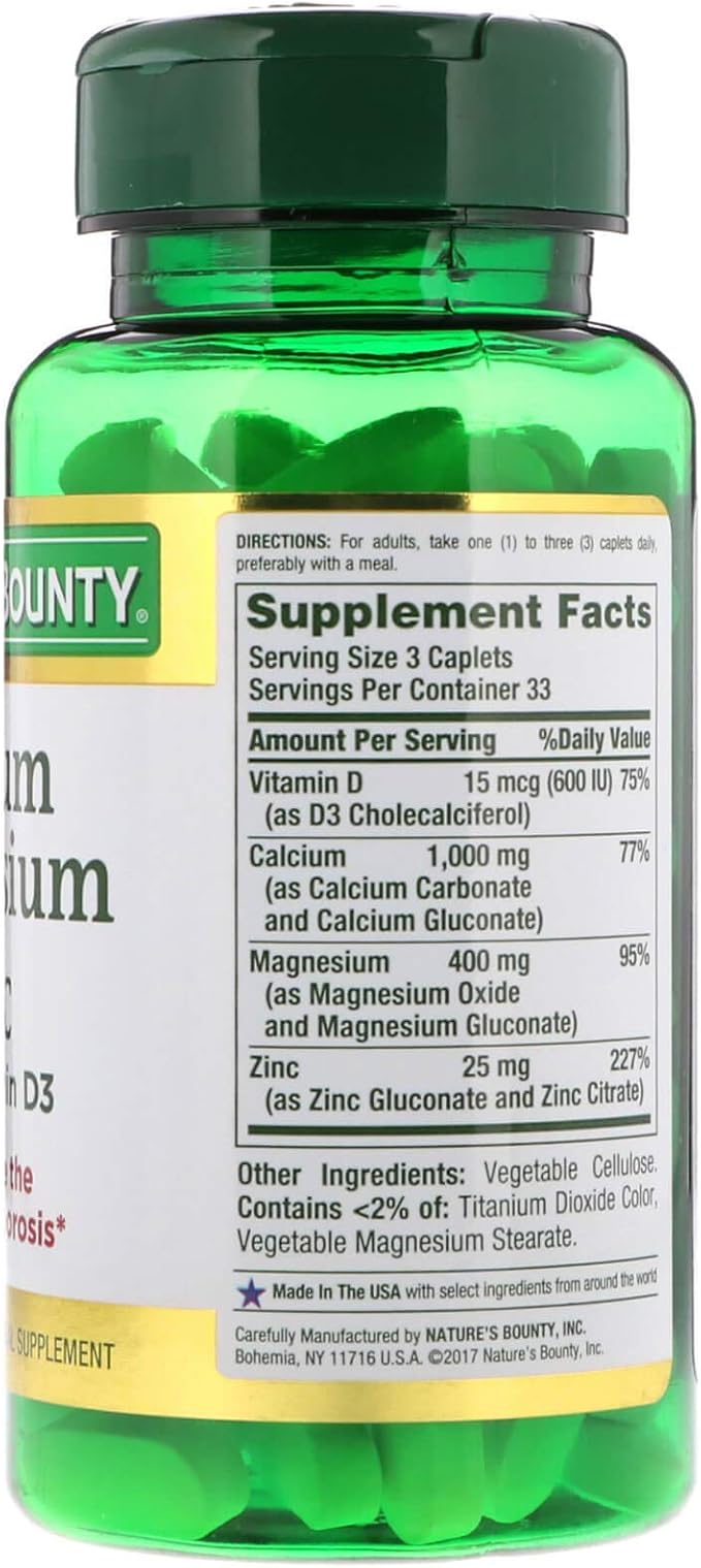 Nature's Bounty Calcium Magnesium & Zinc Caplets, Immune & Supporting Bone Health, 100 Count (Pack of 2)