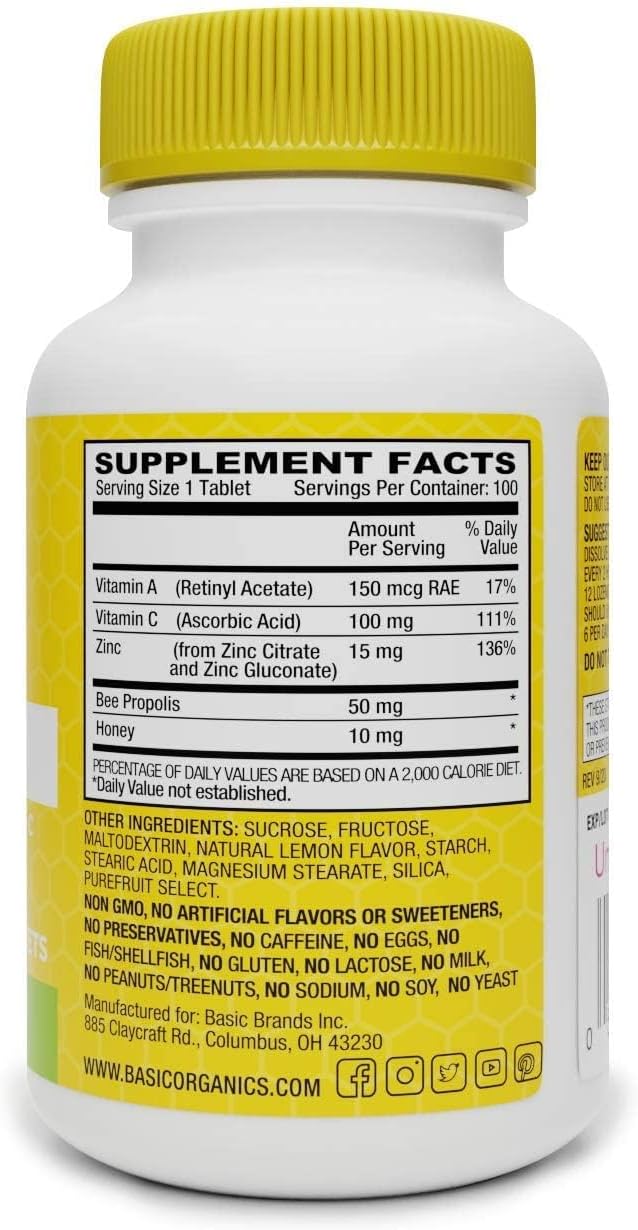 Basic Brands Zinc Lozenges, 100 Count, Lemon