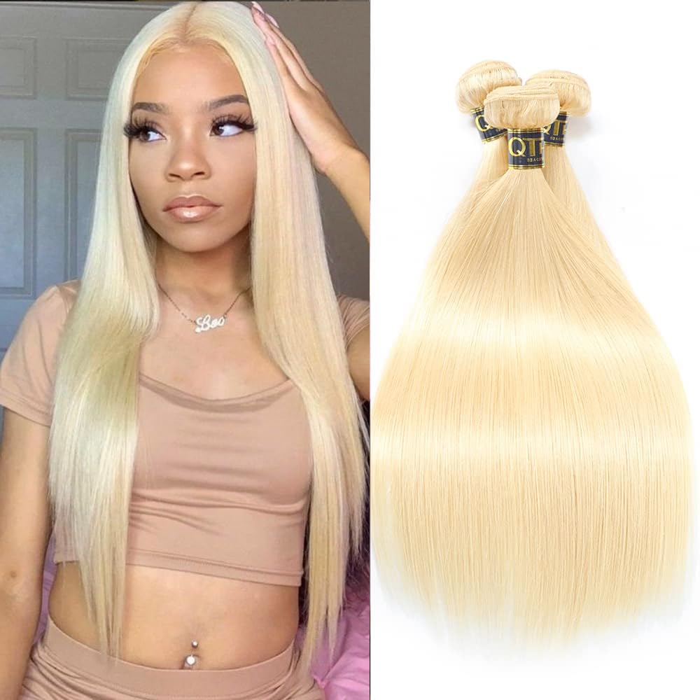 Qthair Straight Human Hair Blonde Bundles 14A Grade 100% Brazilian Human Hair Color #613 Platinum Blonde Straight 14 16 18 Inch