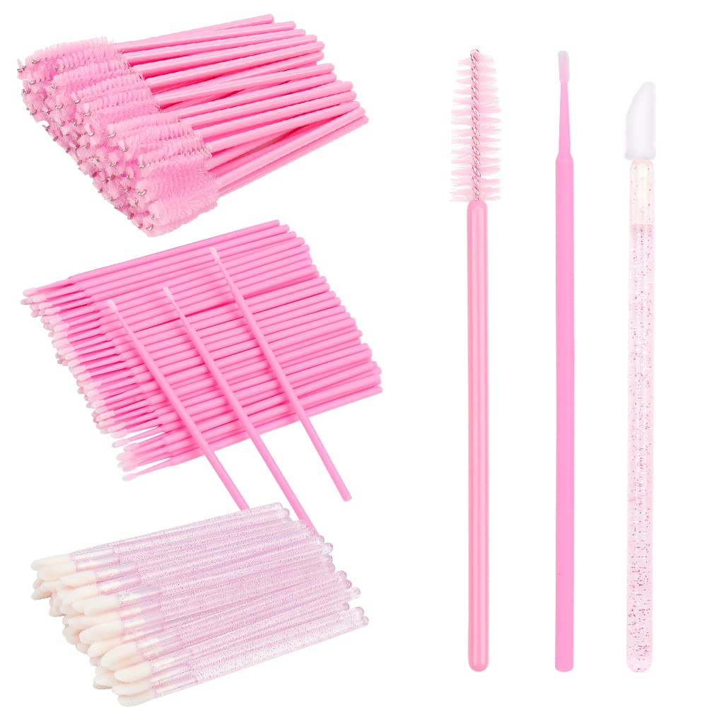 300 Pcs Eyelash Extension Supplies Kit, Disposable Micro Swab Brush, Eyebrow Spoolie, Lip Brush, Mascara Wand Applicator (Pink S