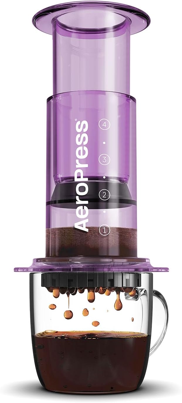 AeroPress Clear Purple Coffee Press – 3 In 1 Brew Method Combines French Press, Espresso, Full Bodied Coffee Without Grit or Bitterness, Small Portable Coffee Maker for Camping & Travel, Purple