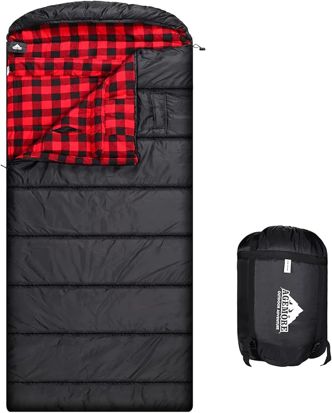 AGEMORE Cotton Flannel Sleeping Bag XL for Camping, Envelope Sleeping Bags for Adults 91"X35", Great for 3-4 Season Traveling, Hiking & Outdoor Activities, Waterproof Comfort with Compression Sack