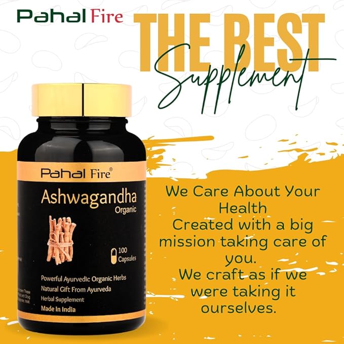 Ashwagandha Organic Herbal Supplement 500mg pr Serving 100 Capsule 50 Days Supply Stress Relief Energy Support Wild harvested in India with Lab Test Report GlutenFree
