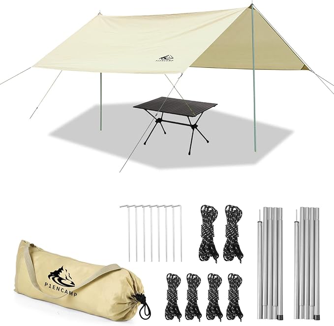 P1ancamp 10×10FT Camping Tarp with 2×6.6FT Poles, Waterproof & Lightweight Tent Tarp, Rain Fly Sun Shelter, 210D Oxford UPF50+ Shelter can Used with Car,Tent & Hammock for Picnic, Garden & Outdoor