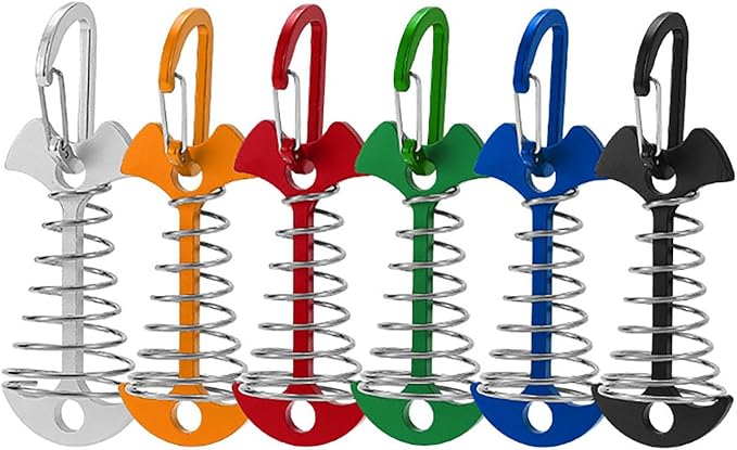 6Pcs Fishbone Deck Anchor Pegs with D Carabiners, Aluminium Deck Tent Stakes with Spring Buckle Aluminium Deck Windproof Tent Stakes for Outdoor Camping Hiking