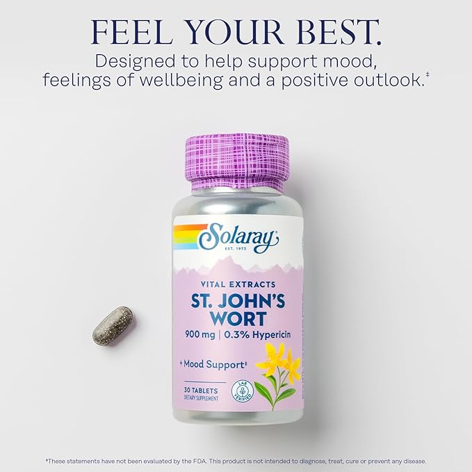 SOLARAY St John's Wort 900 mg, Once Daily Mood Support Supplement, Standardized to 0.3% Hypericin for Brain Health Support and a Balanced Mood, 60-Day Money Back Guarantee | 30 Servings | 30 Tablets
