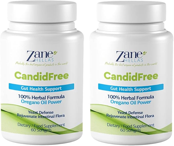 Zane Hellas Candidfree Softgels. Oregano Oil Power. Candida Support. Gut Health Support. Colon Health Support. Intestinal Flora Support. 100% Herbal Solution. 120 Softgels. Pack of 2