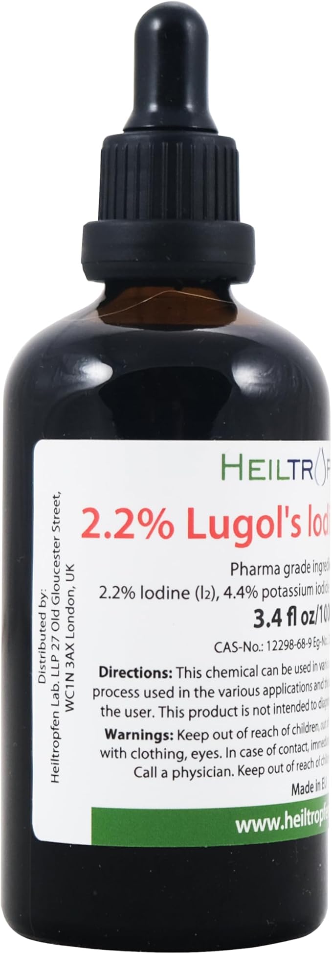 2.2% Lugol's Iodine Solution 3.4 Fl Oz | Pharmaceutical Grade Ingredients | Lugols Solution Made with Iodine and Potassium Iodide. Heiltropfen®